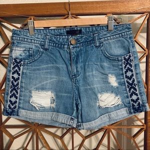 Embroidered Ripped Blue Jean Shorts